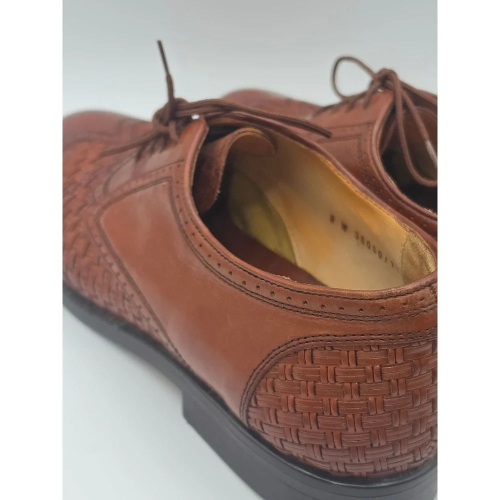 Stanley Blacker Mens 8 W Woven Leather Wingtip Oxford Shoes Tan Brown Italy